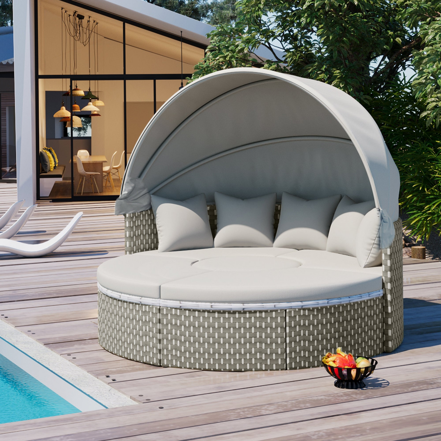 Patio Furniture Round Outdoor Sectional Sofa Set Rattan Daybed Two-Tone Weave Sunbed with Retractable Canopy, Separate Seating and Removable Cushion, Gray