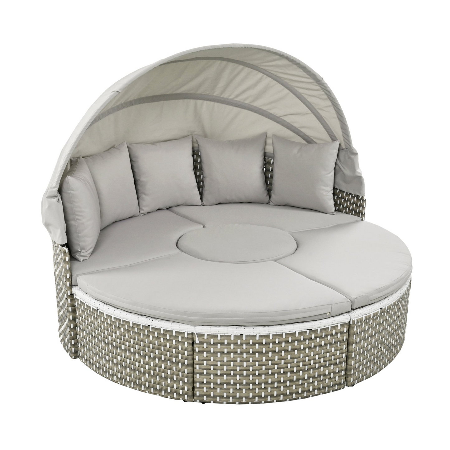 Patio Furniture Round Outdoor Sectional Sofa Set Rattan Daybed Two-Tone Weave Sunbed with Retractable Canopy, Separate Seating and Removable Cushion, Gray