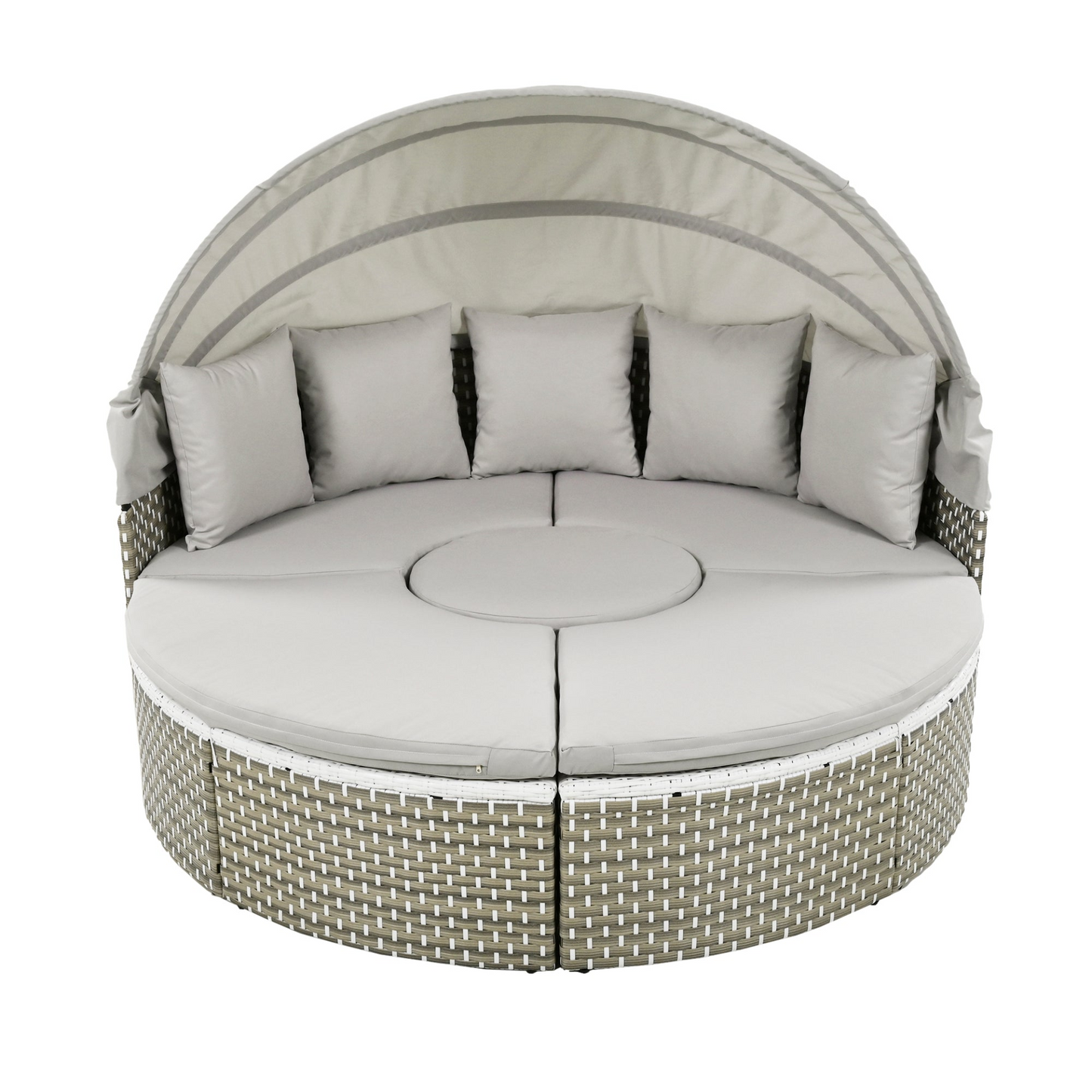 Patio Furniture Round Outdoor Sectional Sofa Set Rattan Daybed Two-Tone Weave Sunbed with Retractable Canopy, Separate Seating and Removable Cushion, Gray