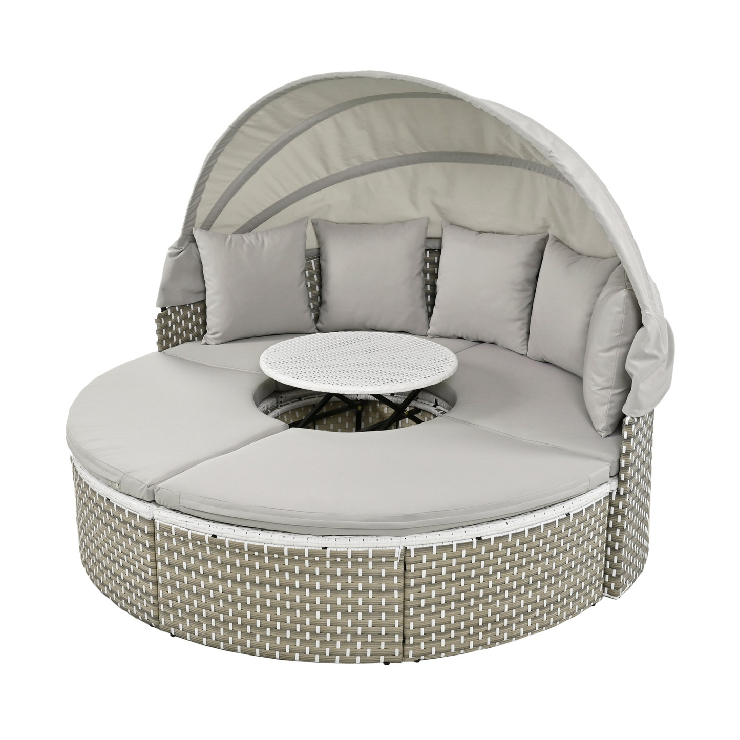 Patio Furniture Round Outdoor Sectional Sofa Set Rattan Daybed Two-Tone Weave Sunbed with Retractable Canopy, Separate Seating and Removable Cushion, Gray