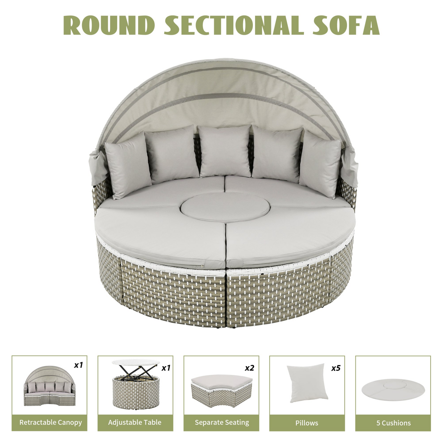 Patio Furniture Round Outdoor Sectional Sofa Set Rattan Daybed Two-Tone Weave Sunbed with Retractable Canopy, Separate Seating and Removable Cushion, Gray