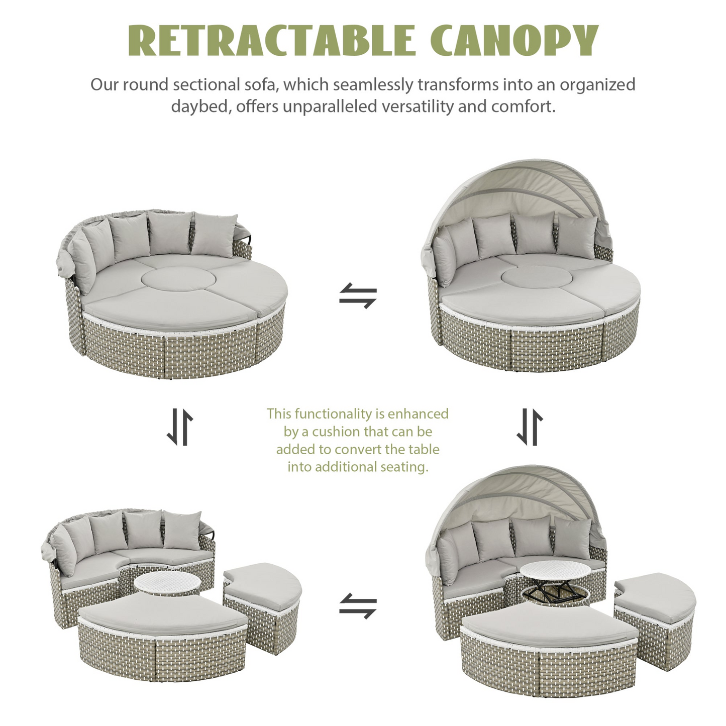 Patio Furniture Round Outdoor Sectional Sofa Set Rattan Daybed Two-Tone Weave Sunbed with Retractable Canopy, Separate Seating and Removable Cushion, Gray