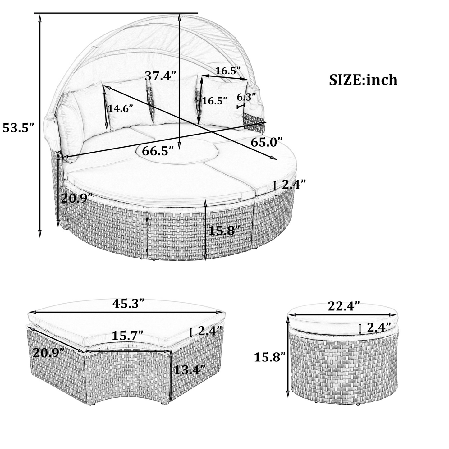 Patio Furniture Round Outdoor Sectional Sofa Set Rattan Daybed Two-Tone Weave Sunbed with Retractable Canopy, Separate Seating and Removable Cushion, Gray