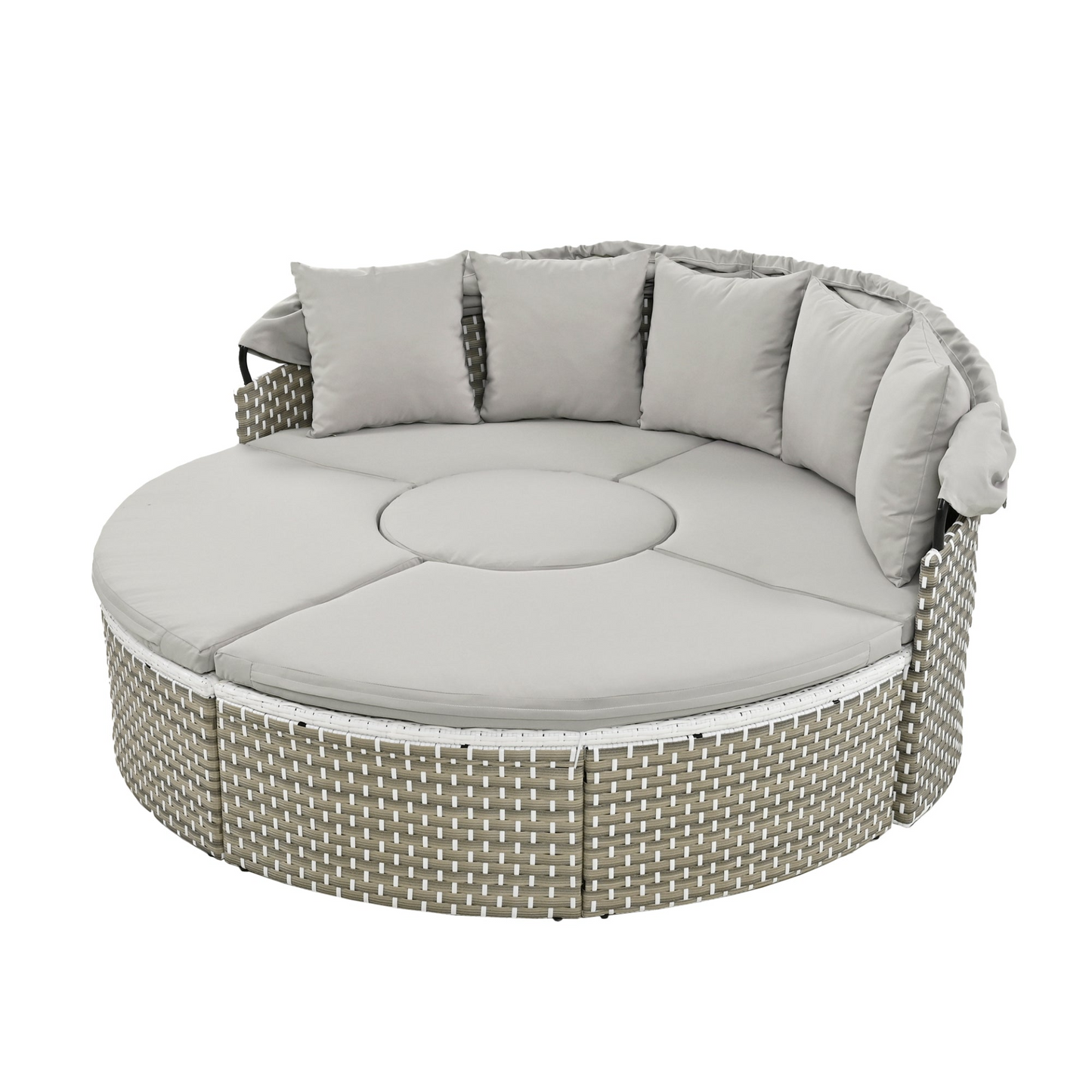 Patio Furniture Round Outdoor Sectional Sofa Set Rattan Daybed Two-Tone Weave Sunbed with Retractable Canopy, Separate Seating and Removable Cushion, Gray