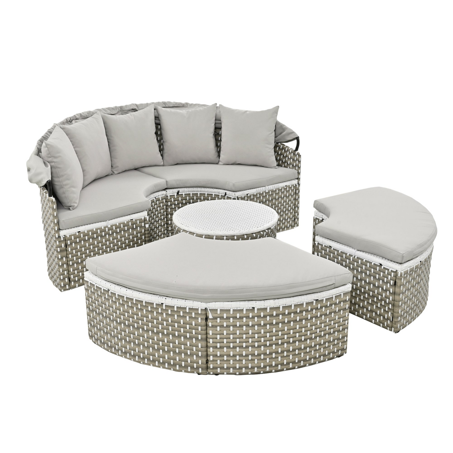 Patio Furniture Round Outdoor Sectional Sofa Set Rattan Daybed Two-Tone Weave Sunbed with Retractable Canopy, Separate Seating and Removable Cushion, Gray