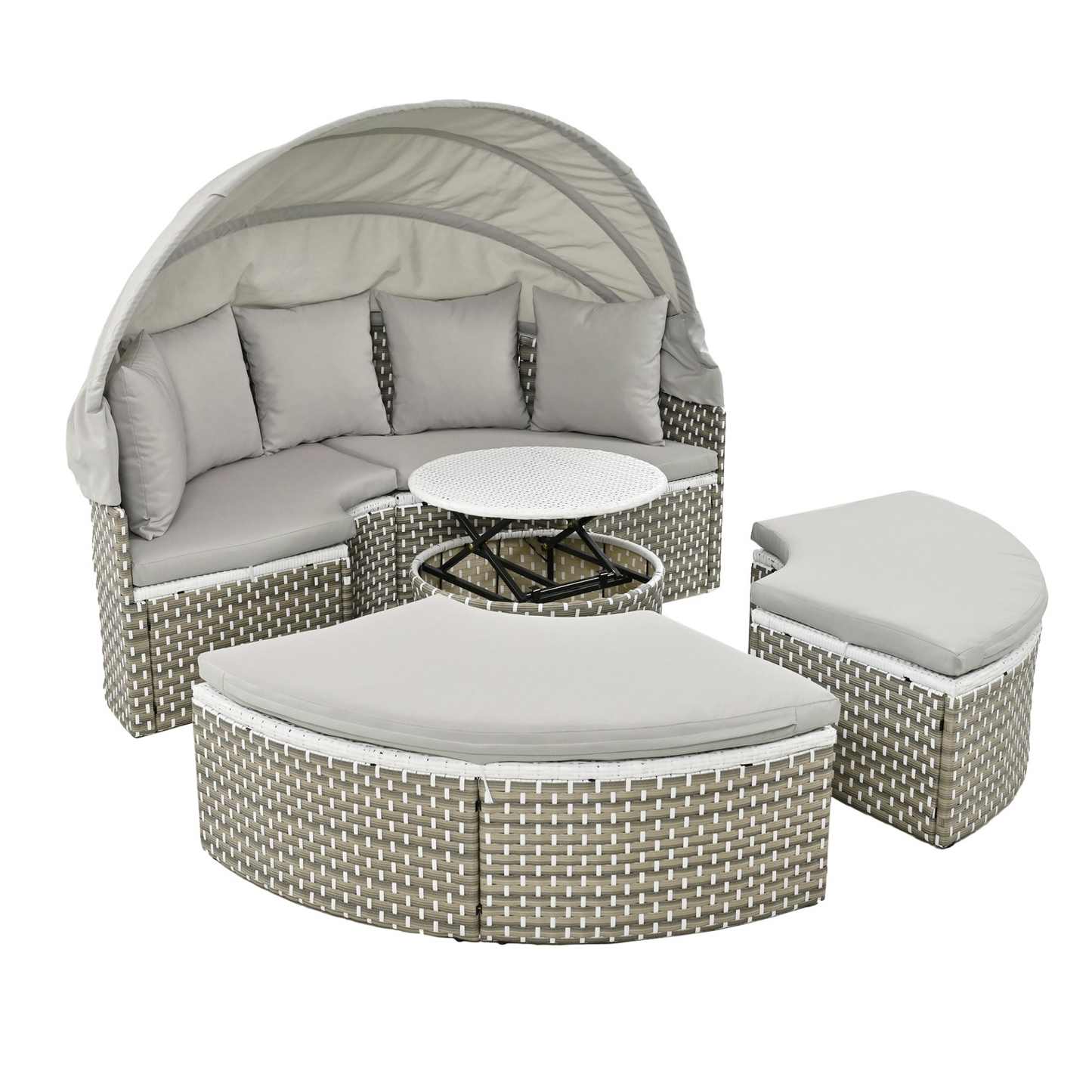 Patio Furniture Round Outdoor Sectional Sofa Set Rattan Daybed Two-Tone Weave Sunbed with Retractable Canopy, Separate Seating and Removable Cushion, Gray