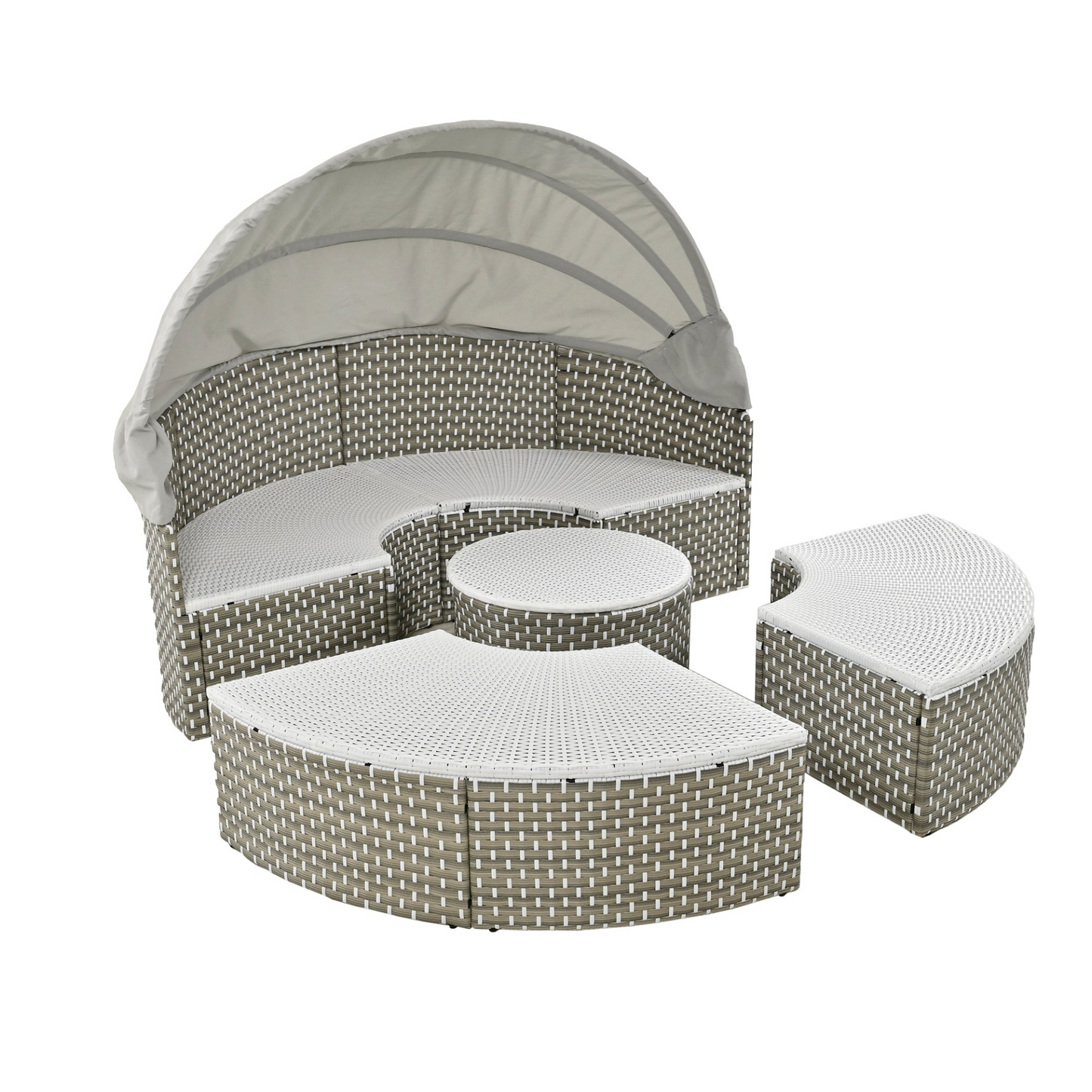 Patio Furniture Round Outdoor Sectional Sofa Set Rattan Daybed Two-Tone Weave Sunbed with Retractable Canopy, Separate Seating and Removable Cushion, Gray