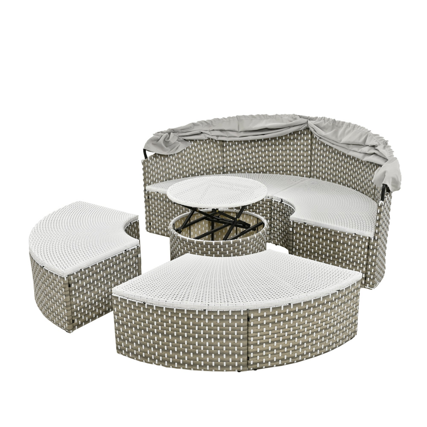 Patio Furniture Round Outdoor Sectional Sofa Set Rattan Daybed Two-Tone Weave Sunbed with Retractable Canopy, Separate Seating and Removable Cushion, Gray