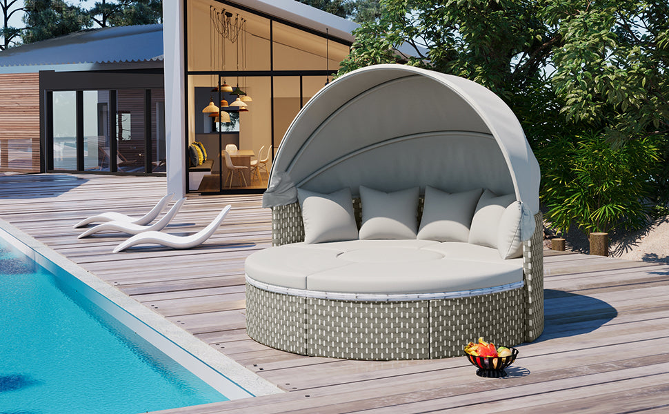 Patio Furniture Round Outdoor Sectional Sofa Set Rattan Daybed Two-Tone Weave Sunbed with Retractable Canopy, Separate Seating and Removable Cushion, Gray