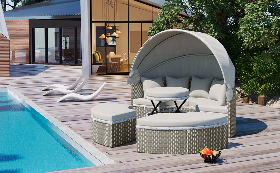 Patio Furniture Round Outdoor Sectional Sofa Set Rattan Daybed Two-Tone Weave Sunbed with Retractable Canopy, Separate Seating and Removable Cushion, Gray