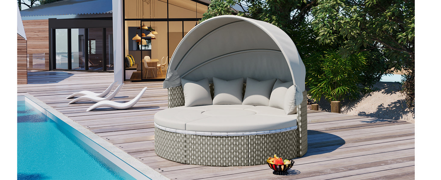 Patio Furniture Round Outdoor Sectional Sofa Set Rattan Daybed Two-Tone Weave Sunbed with Retractable Canopy, Separate Seating and Removable Cushion, Gray