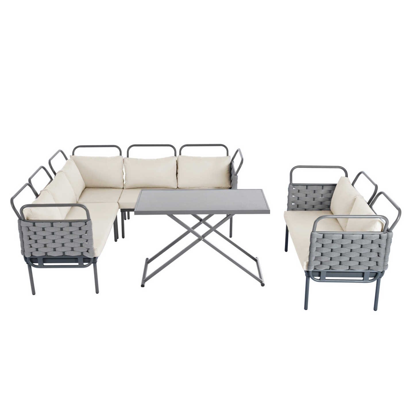 5-Piece Modern Patio Sectional Sofa Set Outdoor Woven Rope Furniture Set with Glass Table and Cushions, Gray+Beige