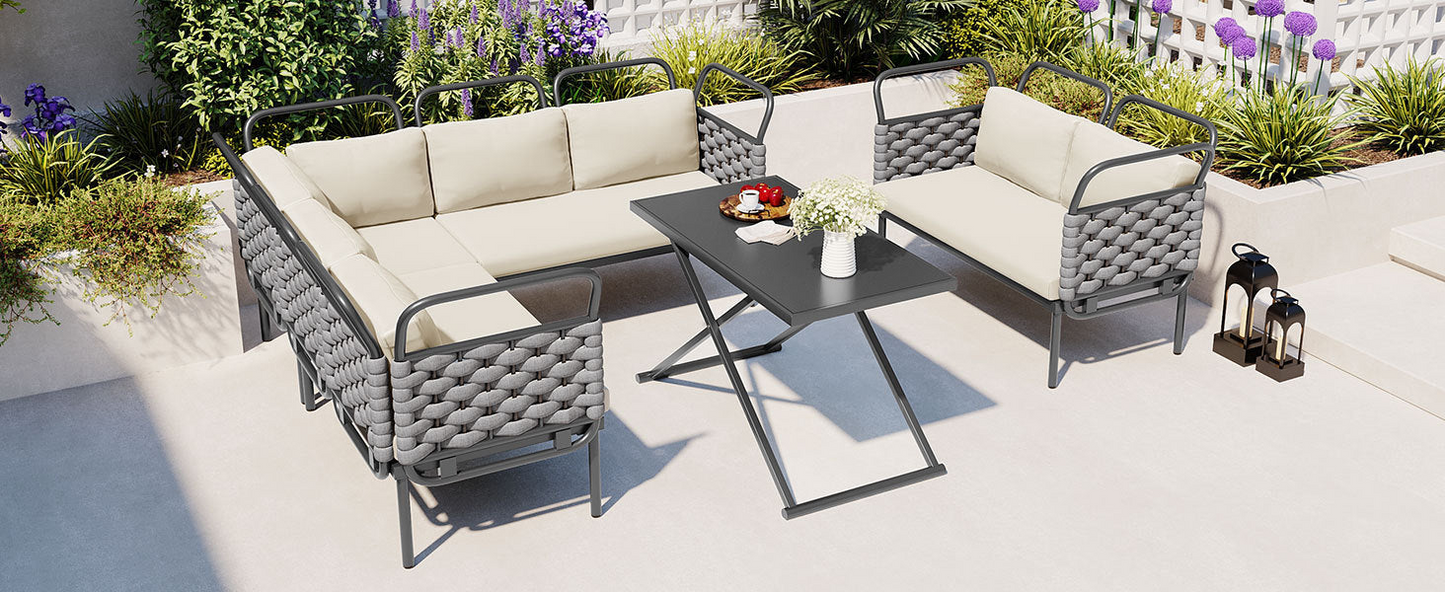 5-Piece Modern Patio Sectional Sofa Set Outdoor Woven Rope Furniture Set with Glass Table and Cushions, Gray+Beige