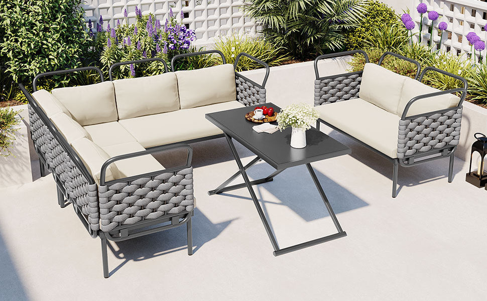 5-Piece Modern Patio Sectional Sofa Set Outdoor Woven Rope Furniture Set with Glass Table and Cushions, Gray+Beige