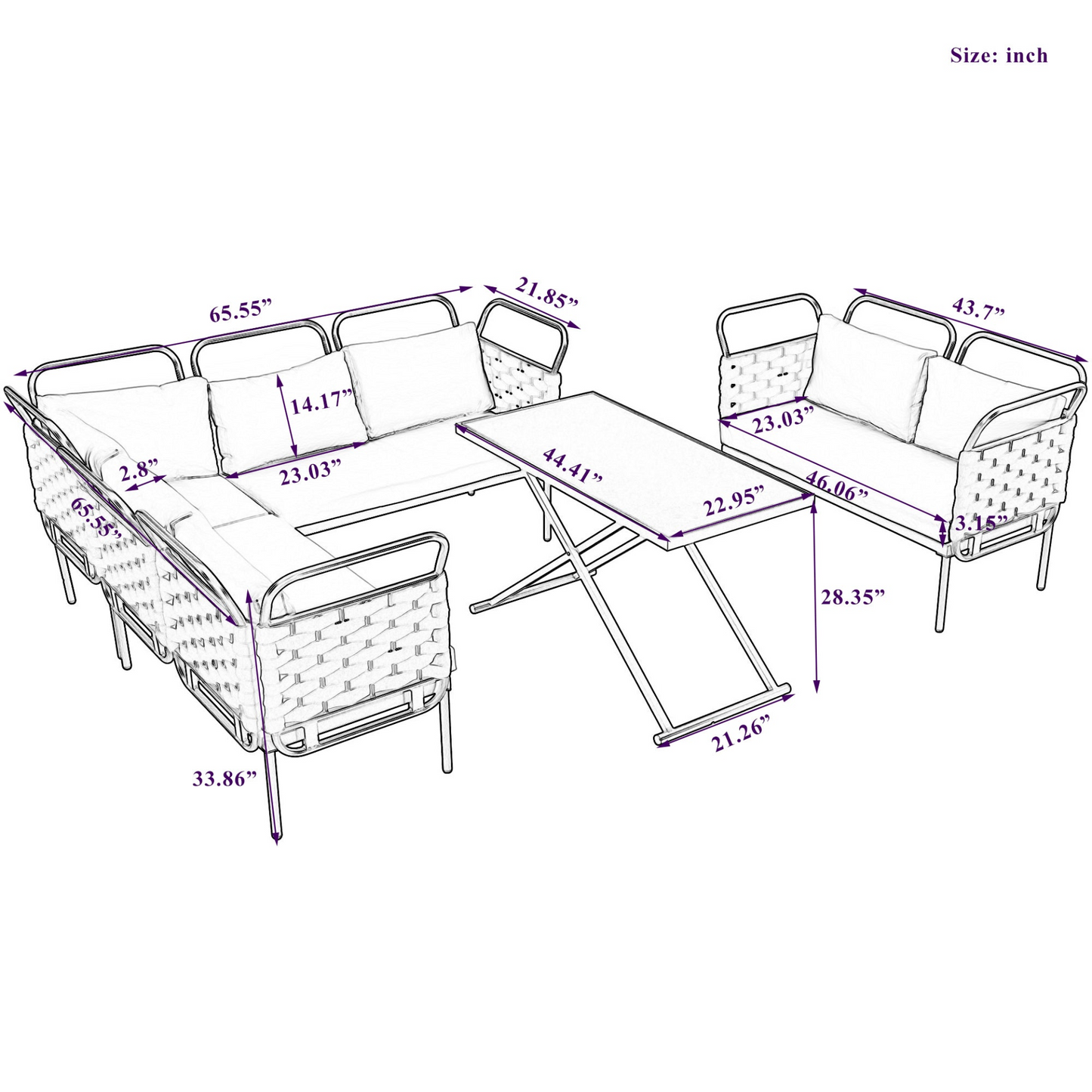 5-Piece Modern Patio Sectional Sofa Set Outdoor Woven Rope Furniture Set with Glass Table and Cushions, Black+Gray