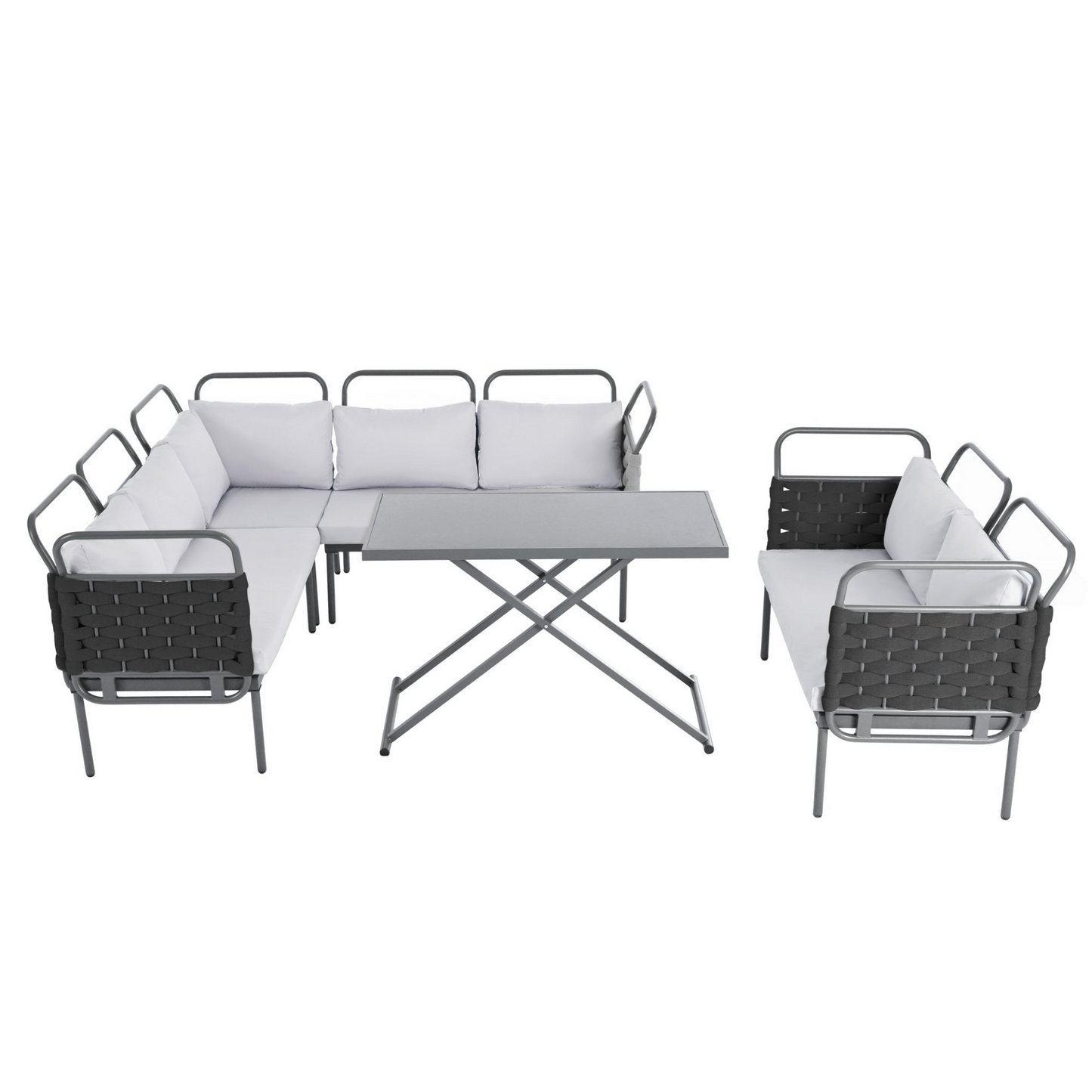 5-Piece Modern Patio Sectional Sofa Set Outdoor Woven Rope Furniture Set with Glass Table and Cushions, Black+Gray