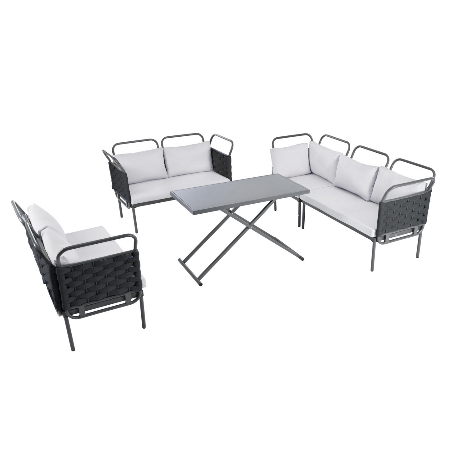 5-Piece Modern Patio Sectional Sofa Set Outdoor Woven Rope Furniture Set with Glass Table and Cushions, Black+Gray