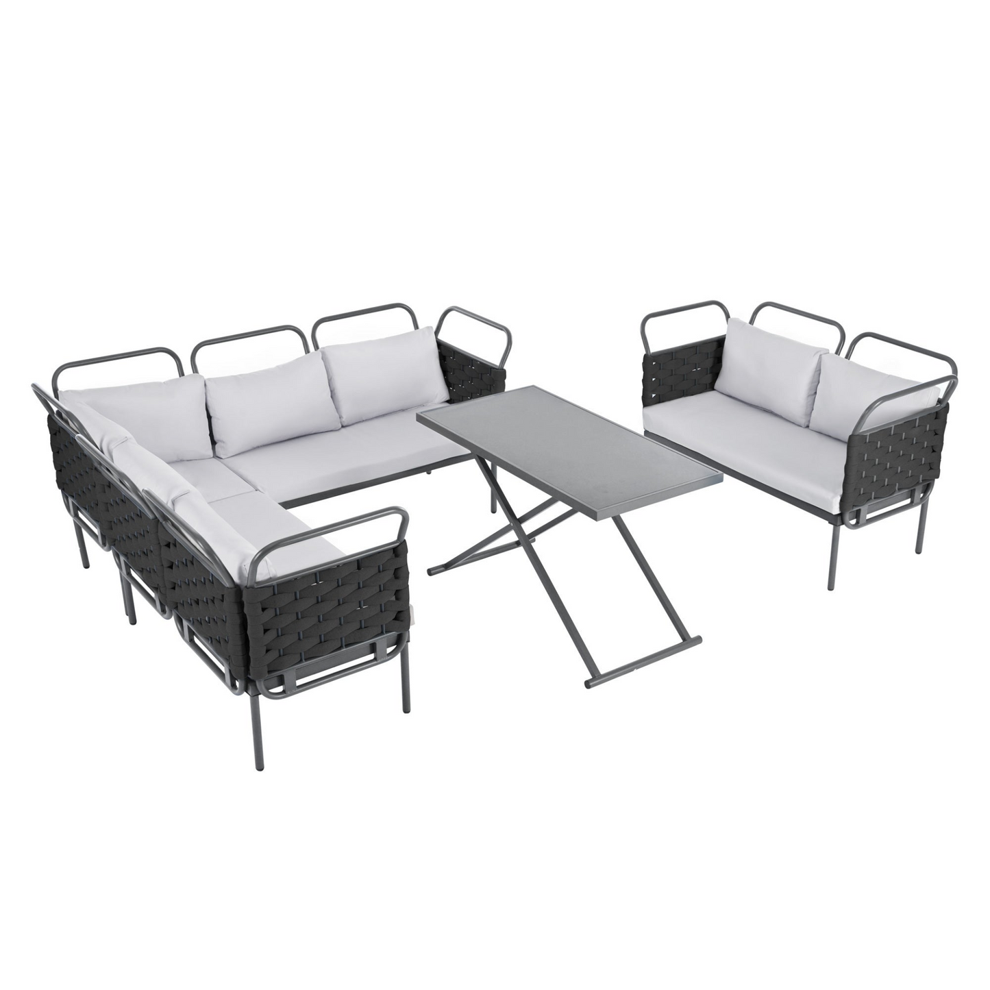 5-Piece Modern Patio Sectional Sofa Set Outdoor Woven Rope Furniture Set with Glass Table and Cushions, Black+Gray