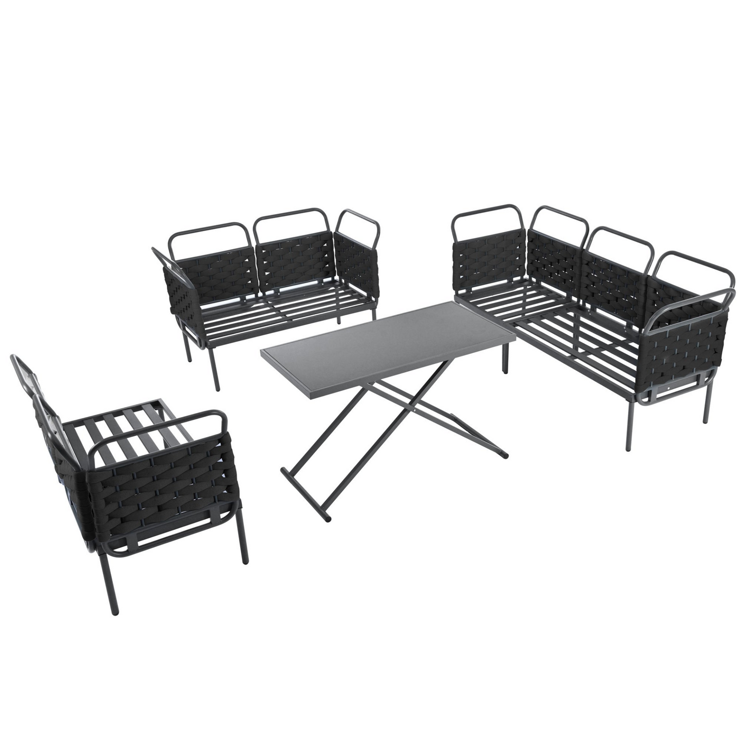 5-Piece Modern Patio Sectional Sofa Set Outdoor Woven Rope Furniture Set with Glass Table and Cushions, Black+Gray