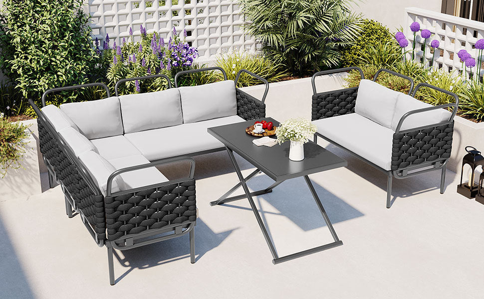 5-Piece Modern Patio Sectional Sofa Set Outdoor Woven Rope Furniture Set with Glass Table and Cushions, Black+Gray