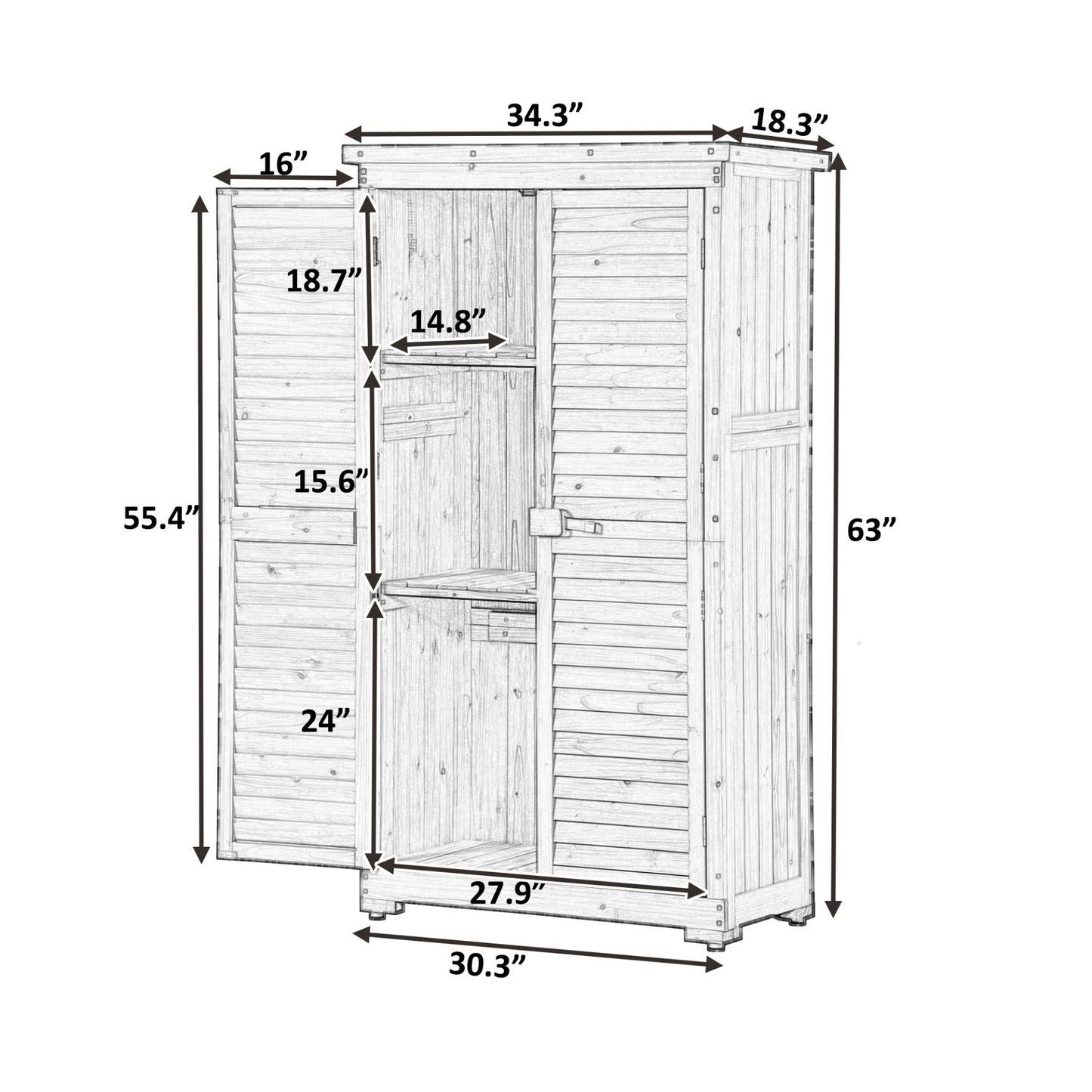 Wooden Garden Shed 3-tier Patio Storage Cabinet Outdoor Organizer Wooden Lockers with Fir Wood (Natural Wood Color -Shutter Design)