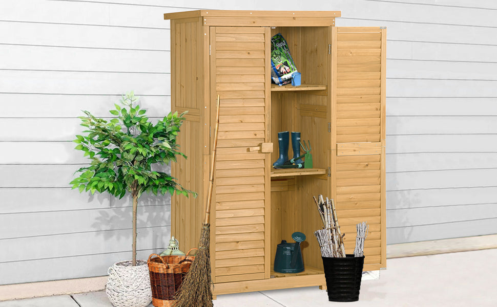 Wooden Garden Shed 3-tier Patio Storage Cabinet Outdoor Organizer Wooden Lockers with Fir Wood (Natural Wood Color -Shutter Design)