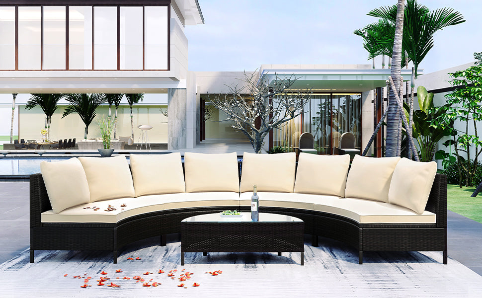 5 Pieces All-Weather Brown PE Rattan Wicker Sofa Set Outdoor Patio Sectional Furniture Set Half-Moon Sofa Set with Tempered Glass Table, Beige