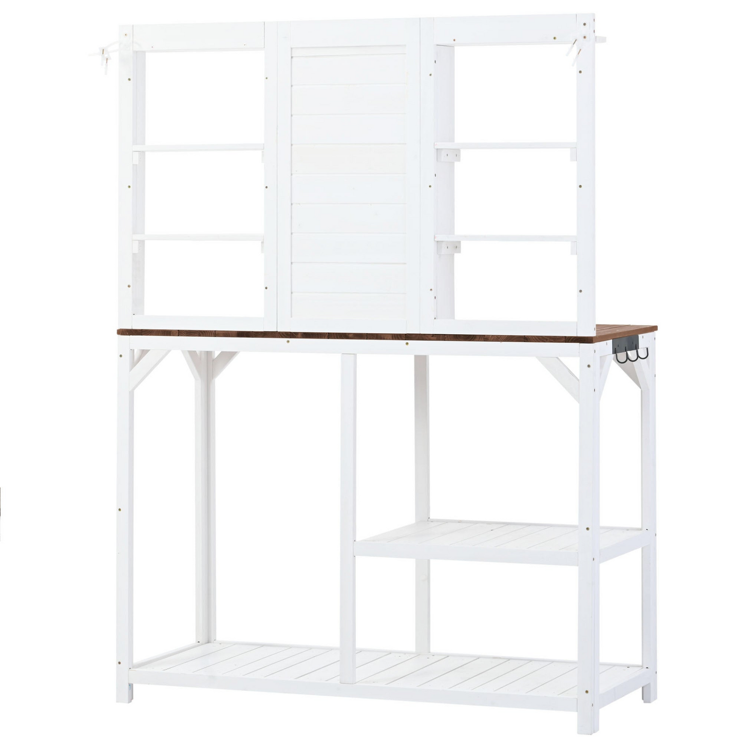 64.6" Large Outdoor Potting Bench, Garden Potting Table, Wood Workstation with 6-Tier Shelves, Large Tabletop and Side Hook for Mudroom, Backyard,White