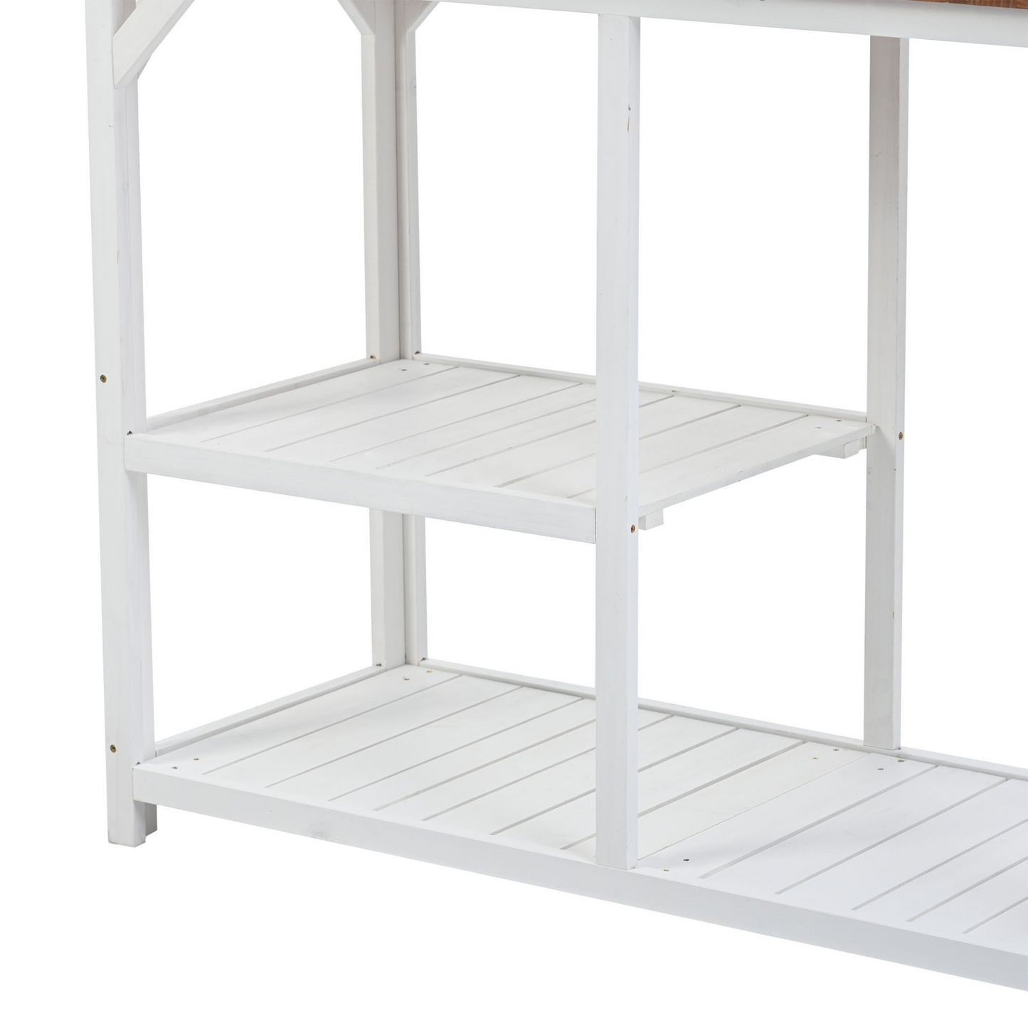 64.6" Large Outdoor Potting Bench, Garden Potting Table, Wood Workstation with 6-Tier Shelves, Large Tabletop and Side Hook for Mudroom, Backyard,White