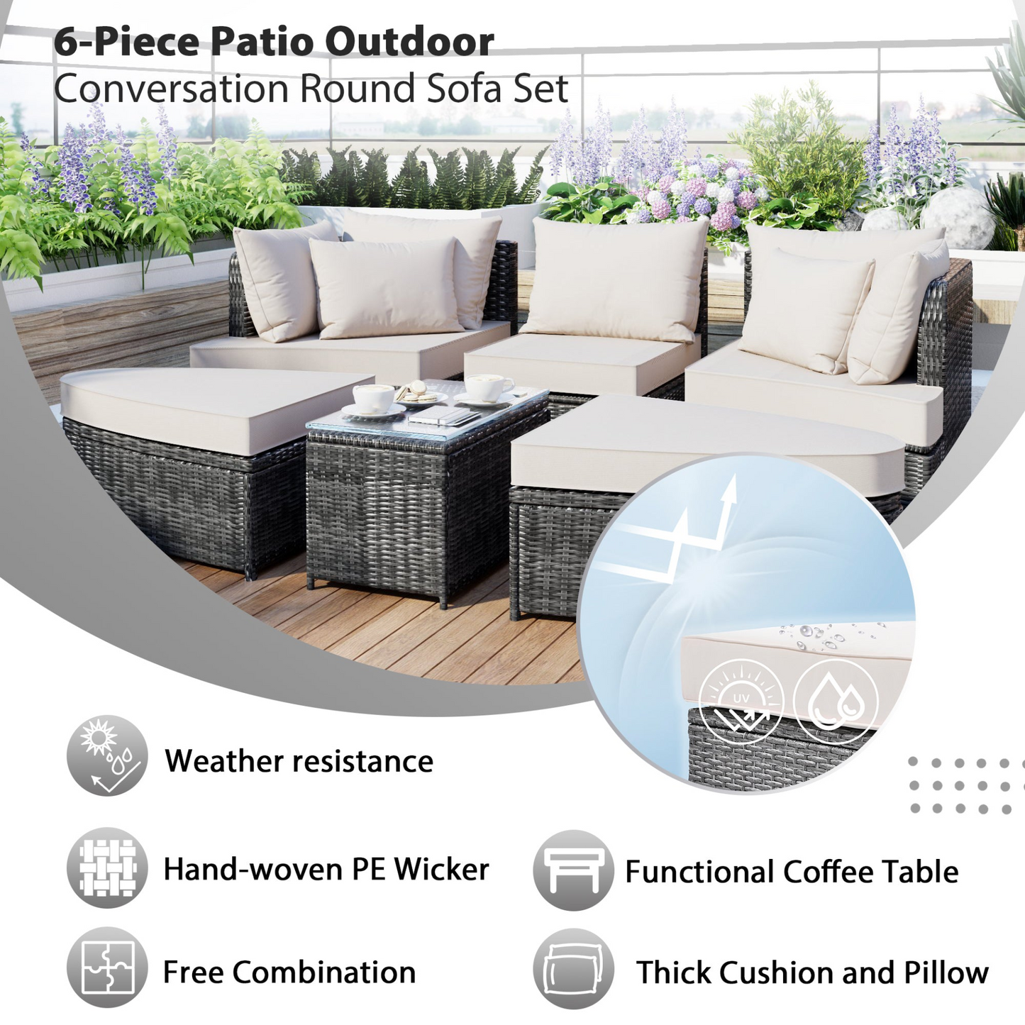 6-Piece Patio Outdoor Conversation Round Sofa Set, PE Wicker Rattan Separate Seating Group with Coffee Table, Beige