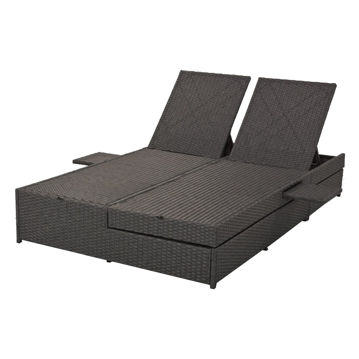 Outdoor Double Sunbed, Wicker Rattan Patio Reclining Chairs with Adjustable Backrest and Seat, Conversational Set for 2 Person, Gray