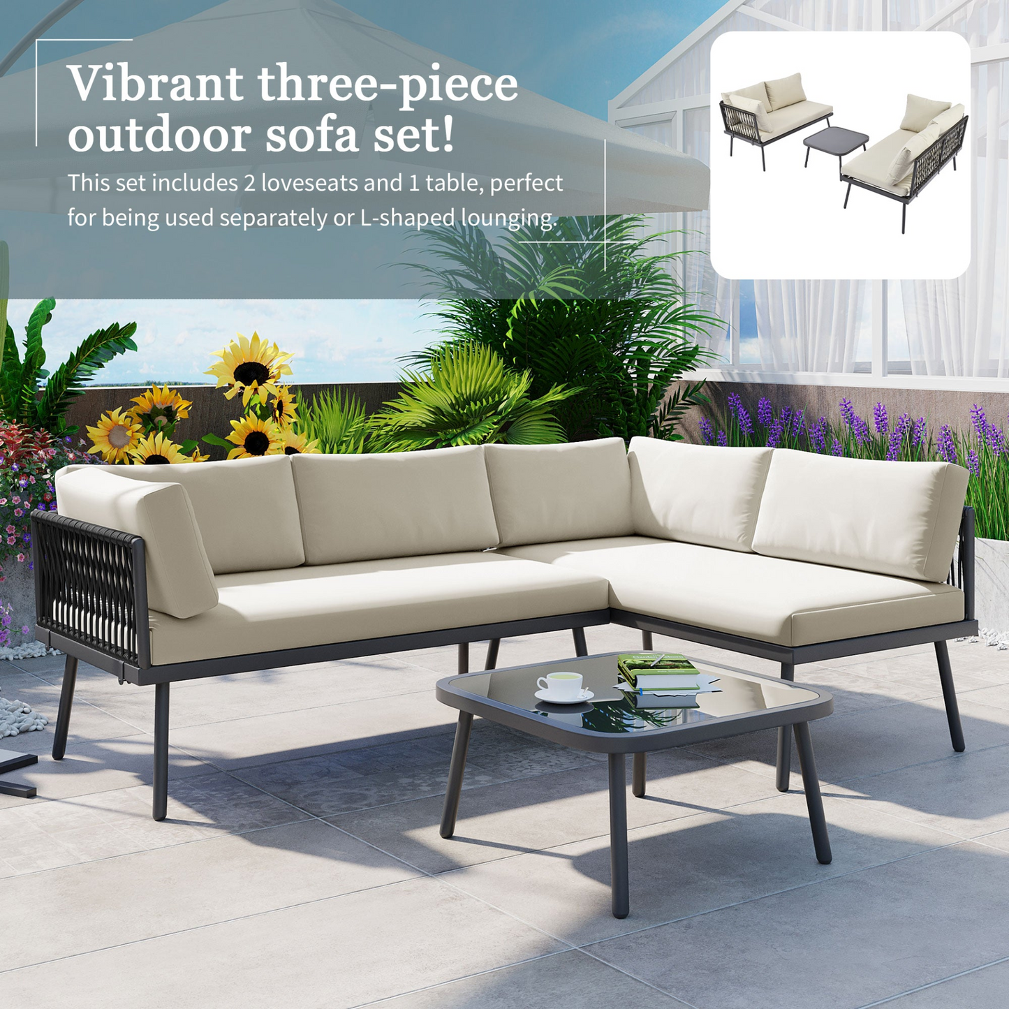 Modern Outdoor 3-Piece PE Rattan Sofa Set All Weather Patio Metal Sectional Furniture Set with Cushions and Glass Table for Backyard, Poolside, Garden,Black,L-Shaped