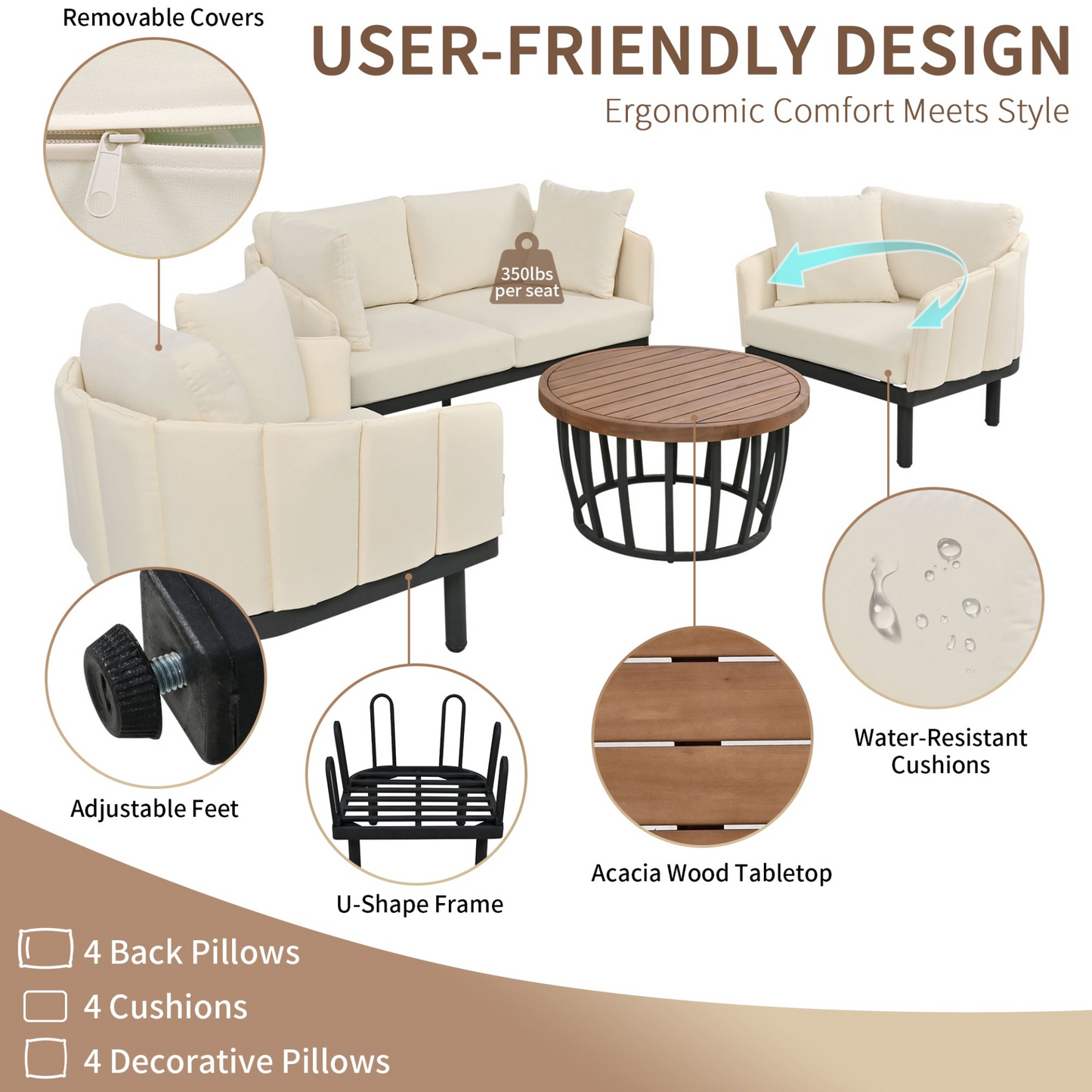 Luxury Modern 4-Piece Outdoor Iron Frame Conversation Set, Patio Chat Set with Acacia Wood Round Coffee Table for Backyard, Deck, Poolside, Indoor Use, Loveseat+Arm Chairs, Beige