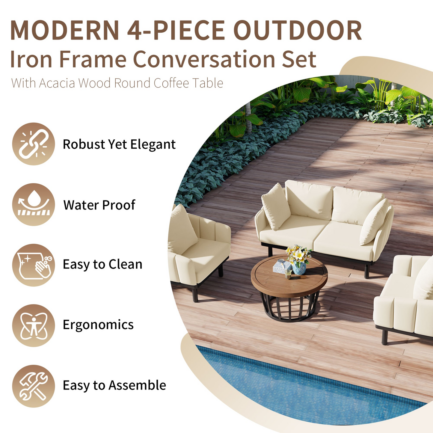 Luxury Modern 4-Piece Outdoor Iron Frame Conversation Set, Patio Chat Set with Acacia Wood Round Coffee Table for Backyard, Deck, Poolside, Indoor Use, Loveseat+Arm Chairs, Beige