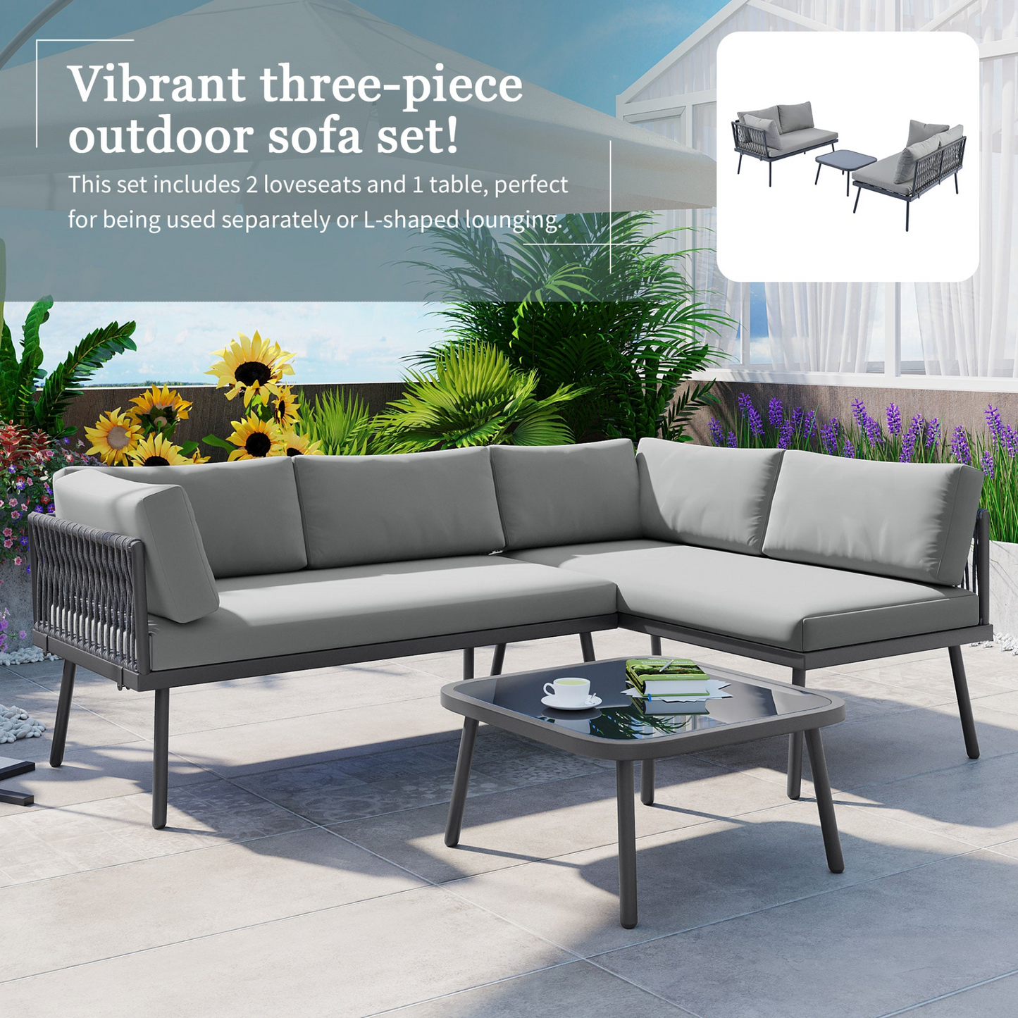 Modern Outdoor 3-Piece PE Rattan Sofa Set All Weather Patio Metal Sectional Furniture Set with Cushions and Glass Table for Backyard, Poolside, Garden, Gray,L-Shaped