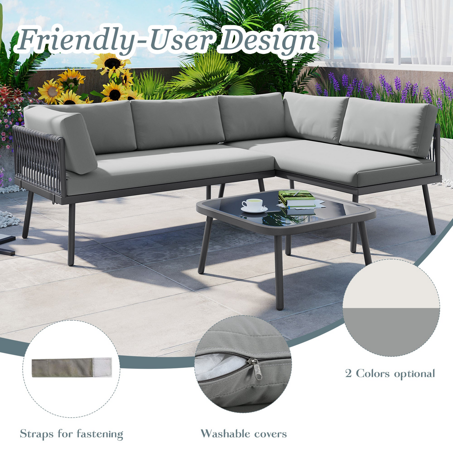 Modern Outdoor 3-Piece PE Rattan Sofa Set All Weather Patio Metal Sectional Furniture Set with Cushions and Glass Table for Backyard, Poolside, Garden, Gray,L-Shaped