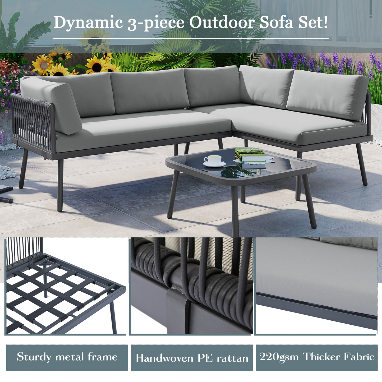 Modern Outdoor 3-Piece PE Rattan Sofa Set All Weather Patio Metal Sectional Furniture Set with Cushions and Glass Table for Backyard, Poolside, Garden, Gray,L-Shaped