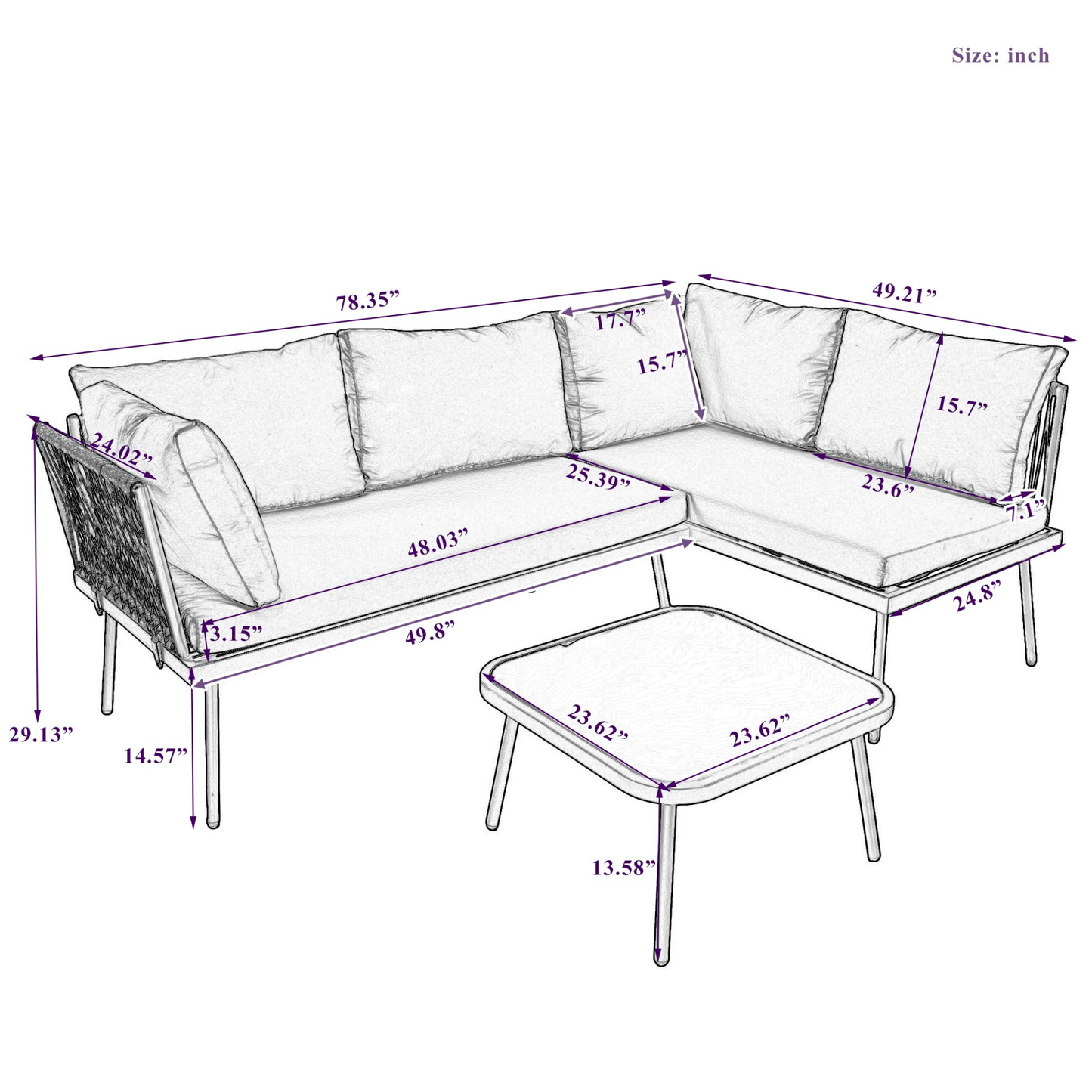 Modern Outdoor 3-Piece PE Rattan Sofa Set All Weather Patio Metal Sectional Furniture Set with Cushions and Glass Table for Backyard, Poolside, Garden, Gray,L-Shaped