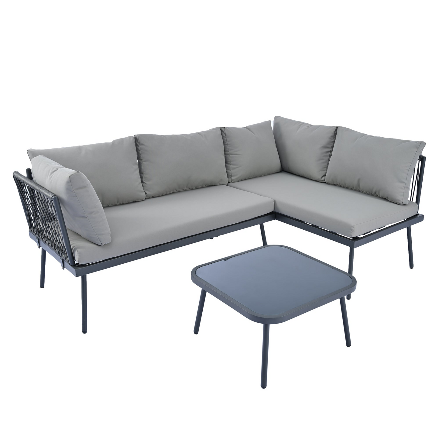 Modern Outdoor 3-Piece PE Rattan Sofa Set All Weather Patio Metal Sectional Furniture Set with Cushions and Glass Table for Backyard, Poolside, Garden, Gray,L-Shaped