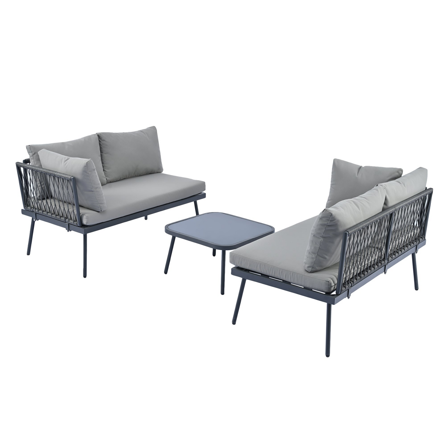 Modern Outdoor 3-Piece PE Rattan Sofa Set All Weather Patio Metal Sectional Furniture Set with Cushions and Glass Table for Backyard, Poolside, Garden, Gray,L-Shaped