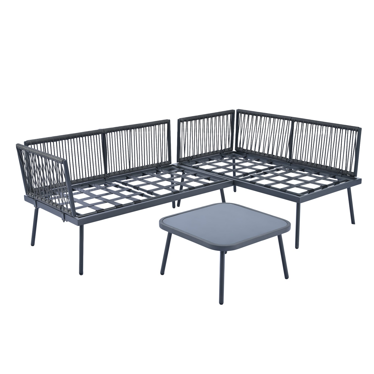 Modern Outdoor 3-Piece PE Rattan Sofa Set All Weather Patio Metal Sectional Furniture Set with Cushions and Glass Table for Backyard, Poolside, Garden, Gray,L-Shaped