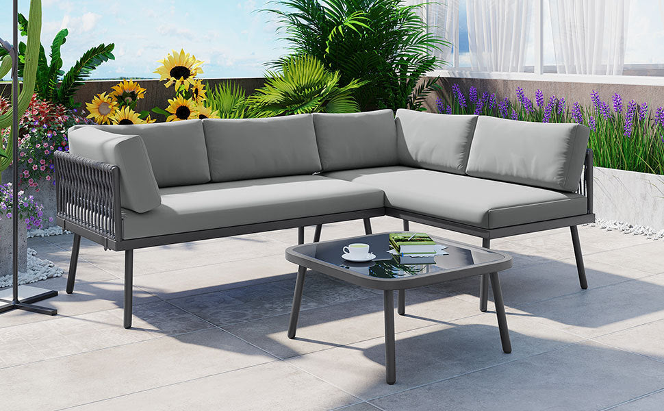 Modern Outdoor 3-Piece PE Rattan Sofa Set All Weather Patio Metal Sectional Furniture Set with Cushions and Glass Table for Backyard, Poolside, Garden, Gray,L-Shaped