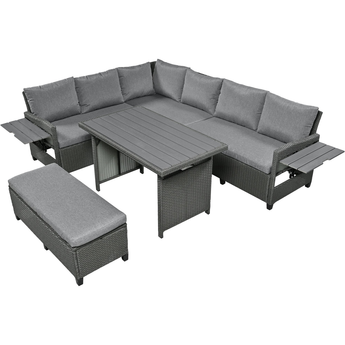 5-Piece Outdoor Patio Rattan Sofa Set, Sectional PE Wicker L-Shaped Garden Furniture Set with 2 Extendable Side Tables, Dining Table and Washable Covers for Backyard, Poolside, Indoor, Gray