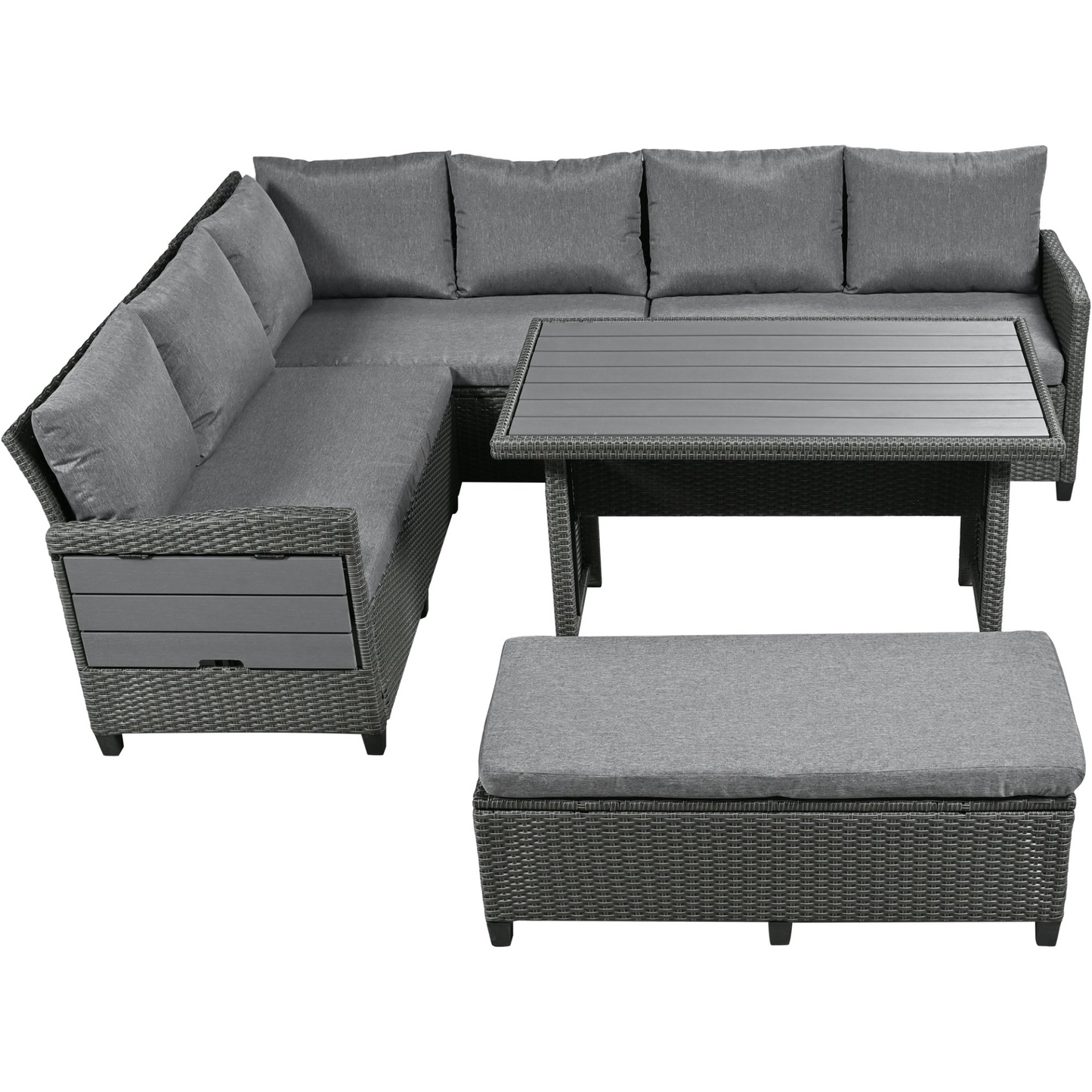 5-Piece Outdoor Patio Rattan Sofa Set, Sectional PE Wicker L-Shaped Garden Furniture Set with 2 Extendable Side Tables, Dining Table and Washable Covers for Backyard, Poolside, Indoor, Gray