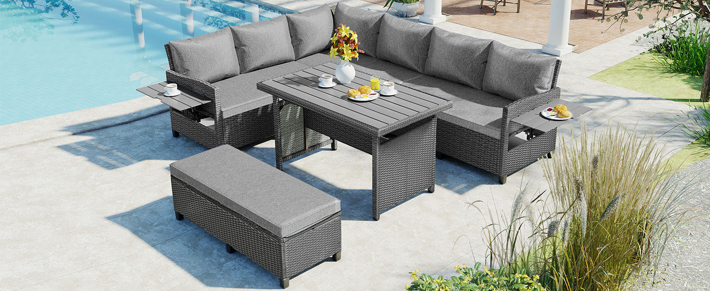 5-Piece Outdoor Patio Rattan Sofa Set, Sectional PE Wicker L-Shaped Garden Furniture Set with 2 Extendable Side Tables, Dining Table and Washable Covers for Backyard, Poolside, Indoor, Gray