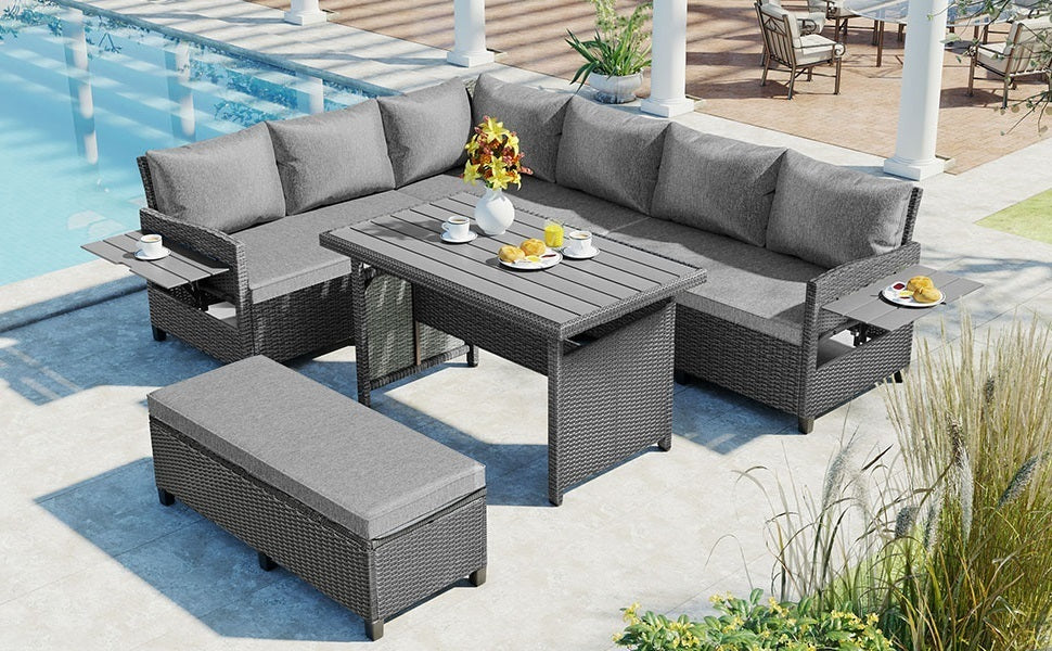 5-Piece Outdoor Patio Rattan Sofa Set, Sectional PE Wicker L-Shaped Garden Furniture Set with 2 Extendable Side Tables, Dining Table and Washable Covers for Backyard, Poolside, Indoor, Gray