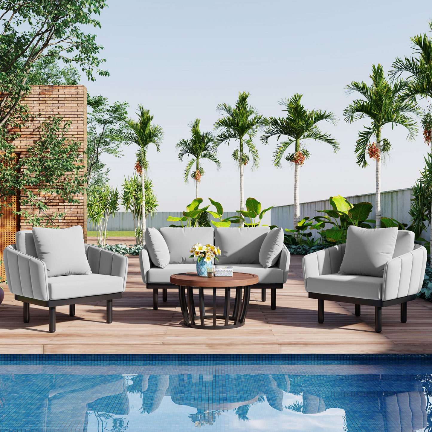 Luxury Modern 4-Piece Outdoor Iron Frame Conversation Set, Patio Chat Set with Acacia Wood Round Coffee Table for Backyard, Deck, Poolside, Indoor Use, Loveseat+Arm Chairs, Gray