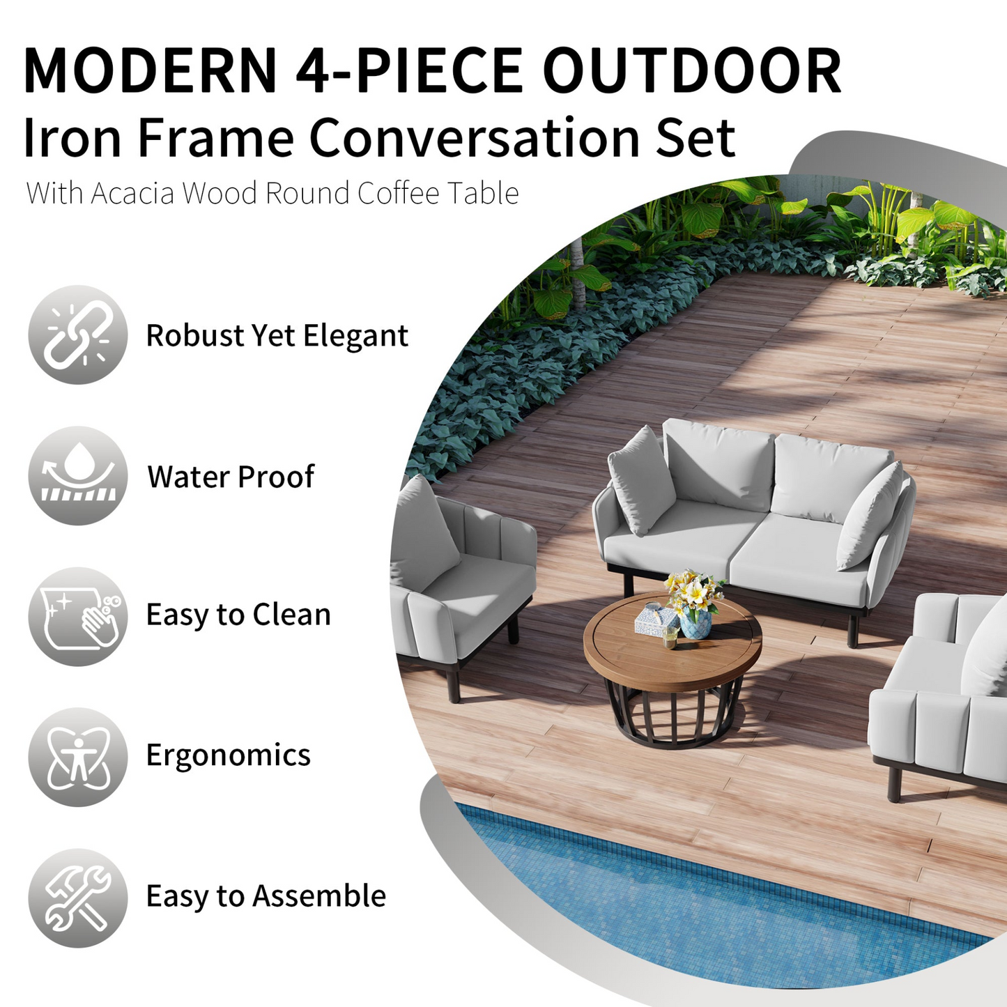 Luxury Modern 4-Piece Outdoor Iron Frame Conversation Set, Patio Chat Set with Acacia Wood Round Coffee Table for Backyard, Deck, Poolside, Indoor Use, Loveseat+Arm Chairs, Gray