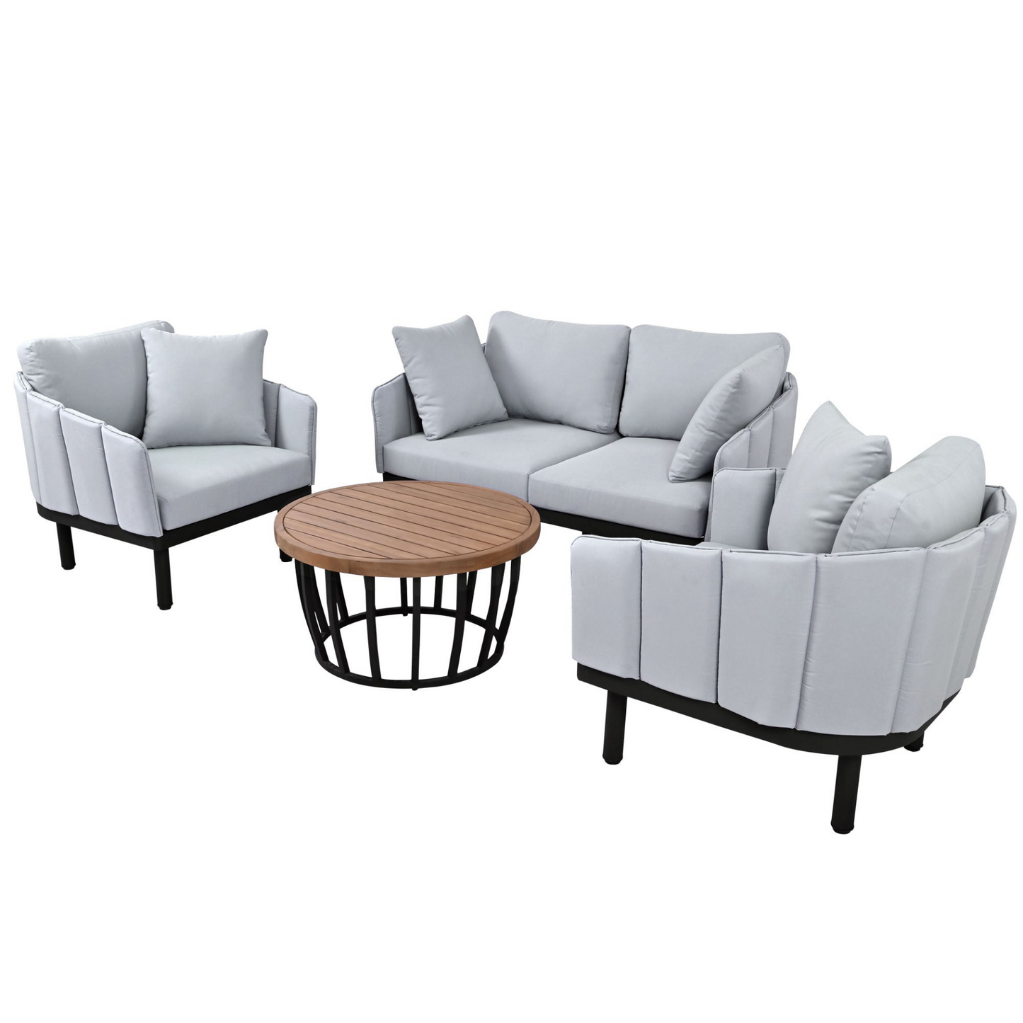 Luxury Modern 4-Piece Outdoor Iron Frame Conversation Set, Patio Chat Set with Acacia Wood Round Coffee Table for Backyard, Deck, Poolside, Indoor Use, Loveseat+Arm Chairs, Gray