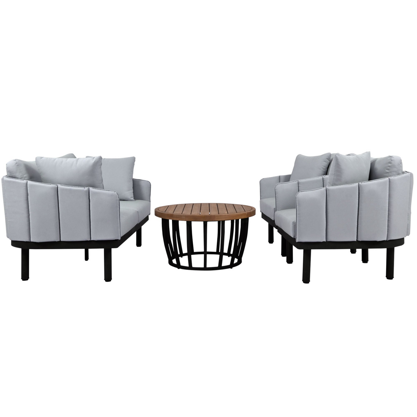 Luxury Modern 4-Piece Outdoor Iron Frame Conversation Set, Patio Chat Set with Acacia Wood Round Coffee Table for Backyard, Deck, Poolside, Indoor Use, Loveseat+Arm Chairs, Gray